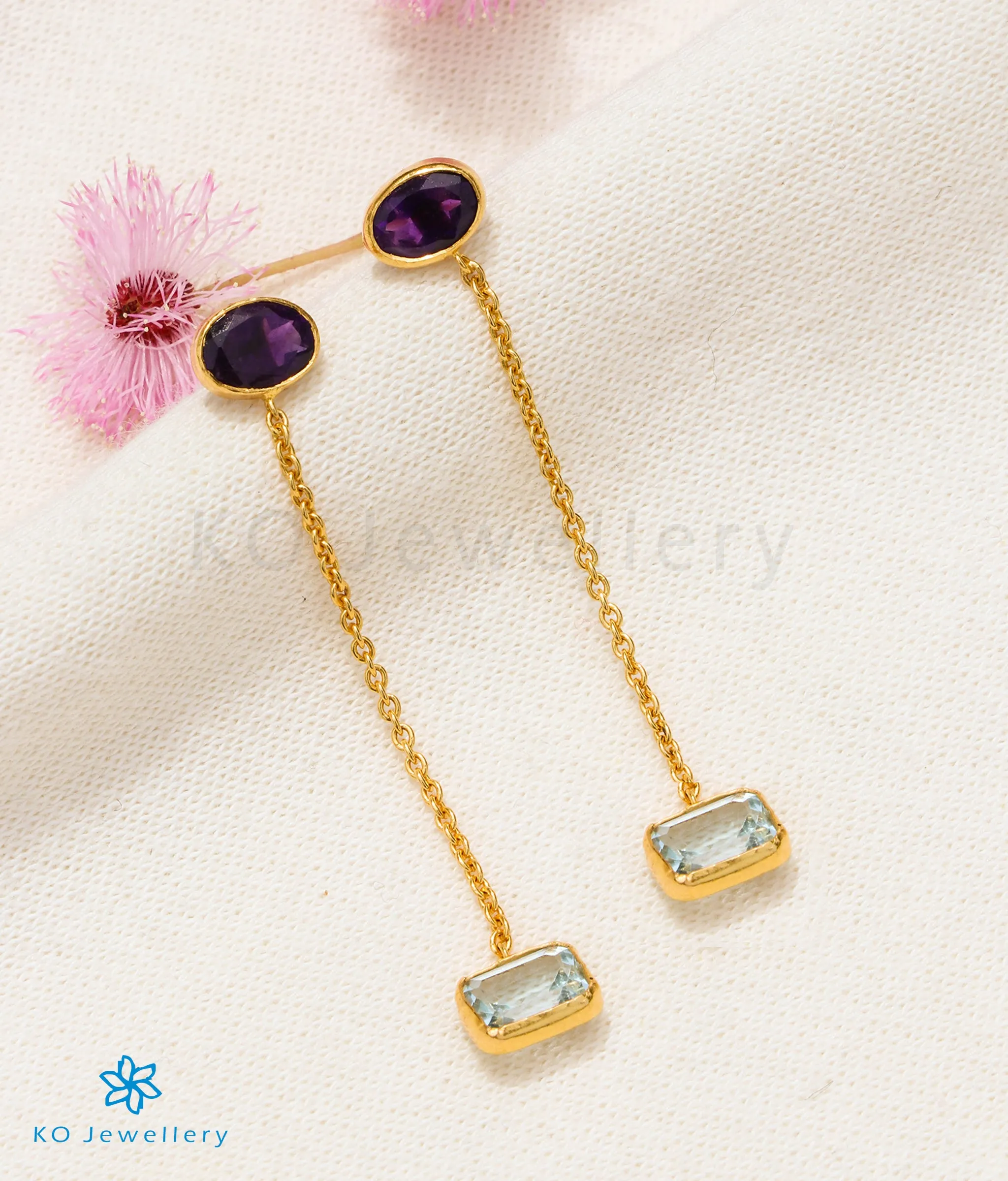 Amethyst & Blue Topaz Chain Earrings in 22 KT Gold