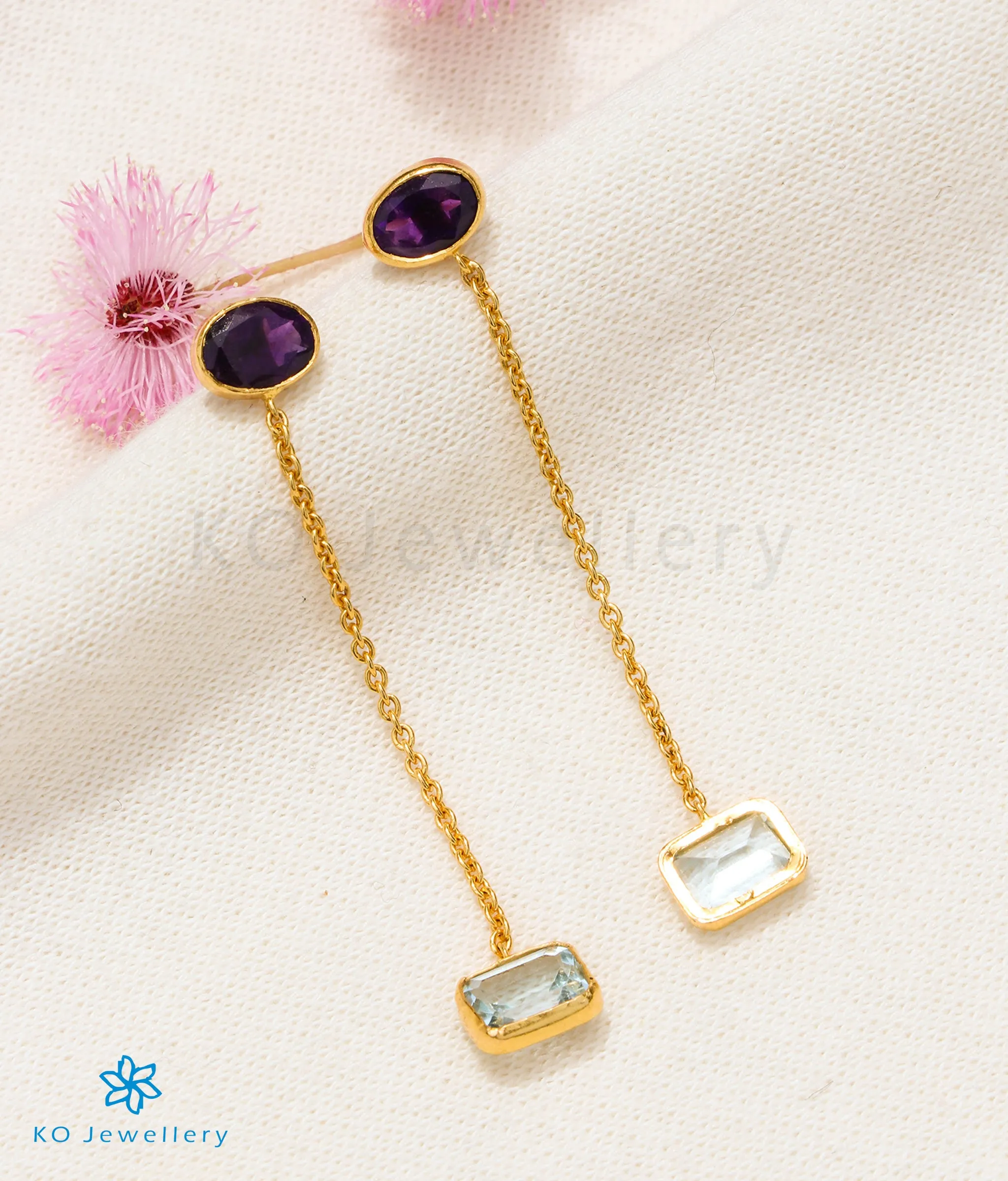 Amethyst & Blue Topaz Chain Earrings in 22 KT Gold