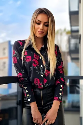 Camicia elegante nera a fantasia rose rosse e foglie verdi con bottoni dorati