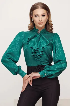 Camicia elegante verde Fofy a collo alto accessoriata con jabout e spilla