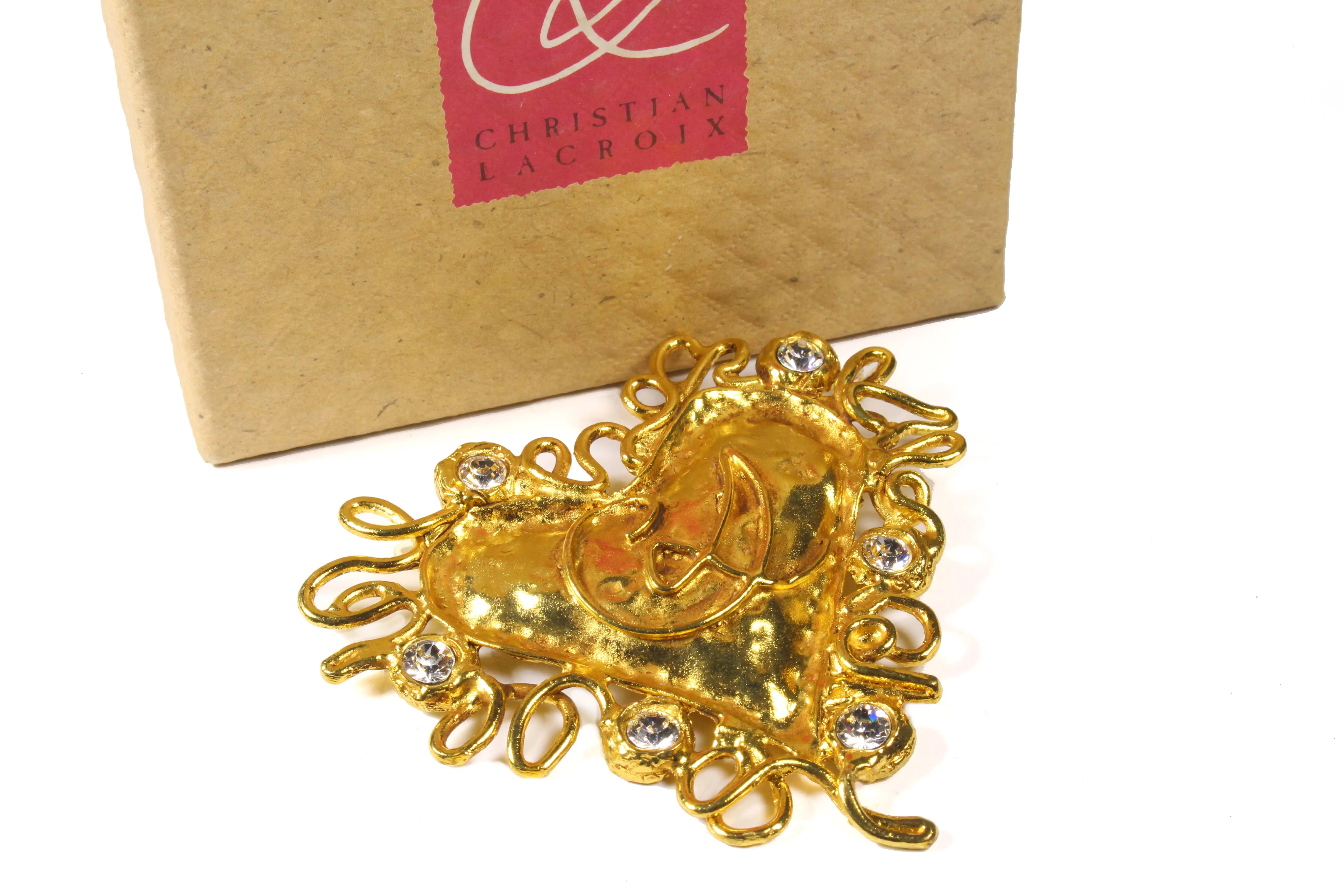 CHRISTIAN LACROIX large gold heart monogram brooch