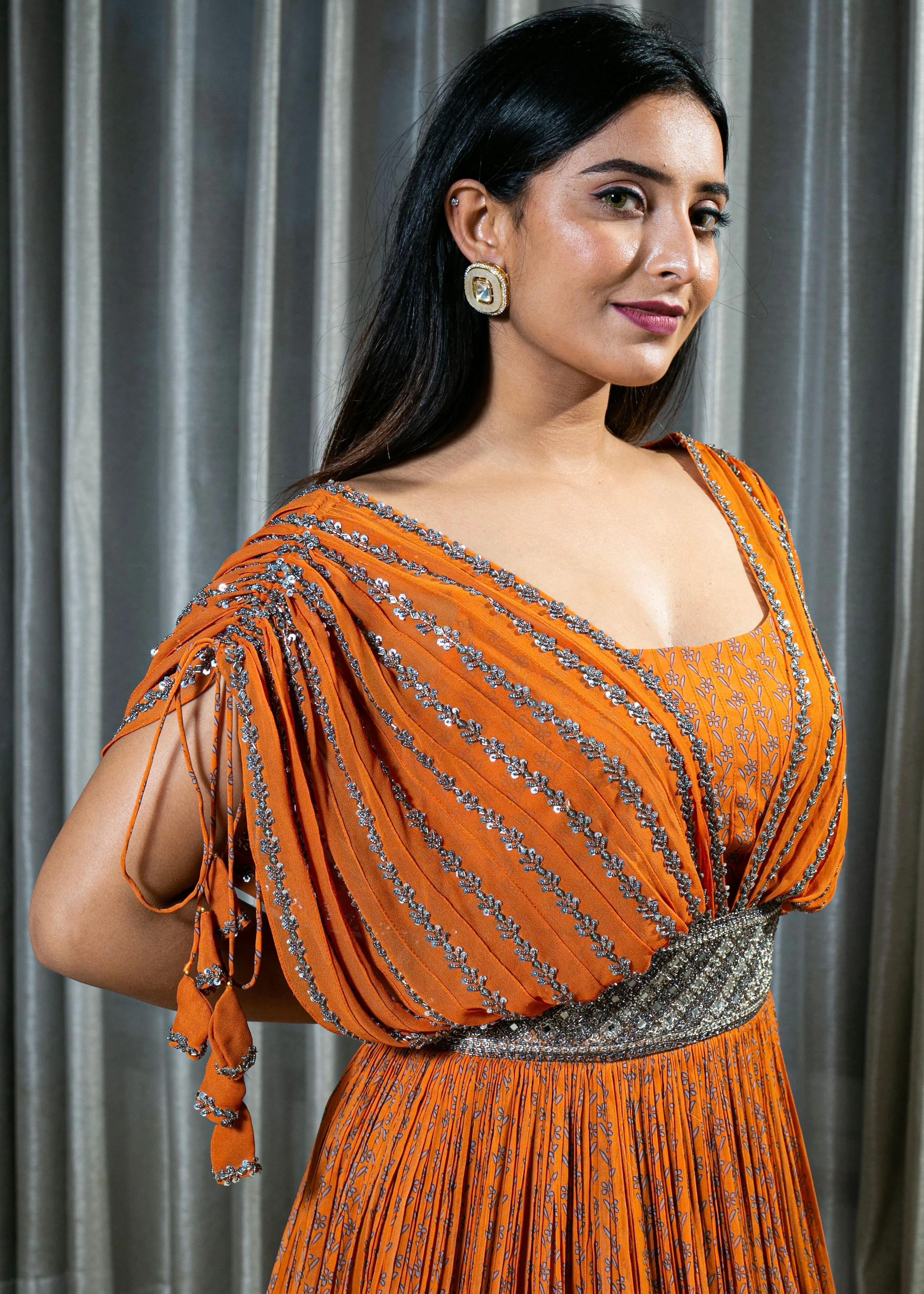 Designer Orange Georgette Dress with Handcrafted Embellishments