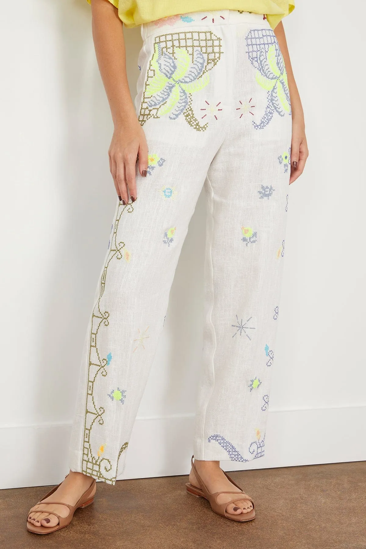 Eden Embroidery Linen Pant in Stella