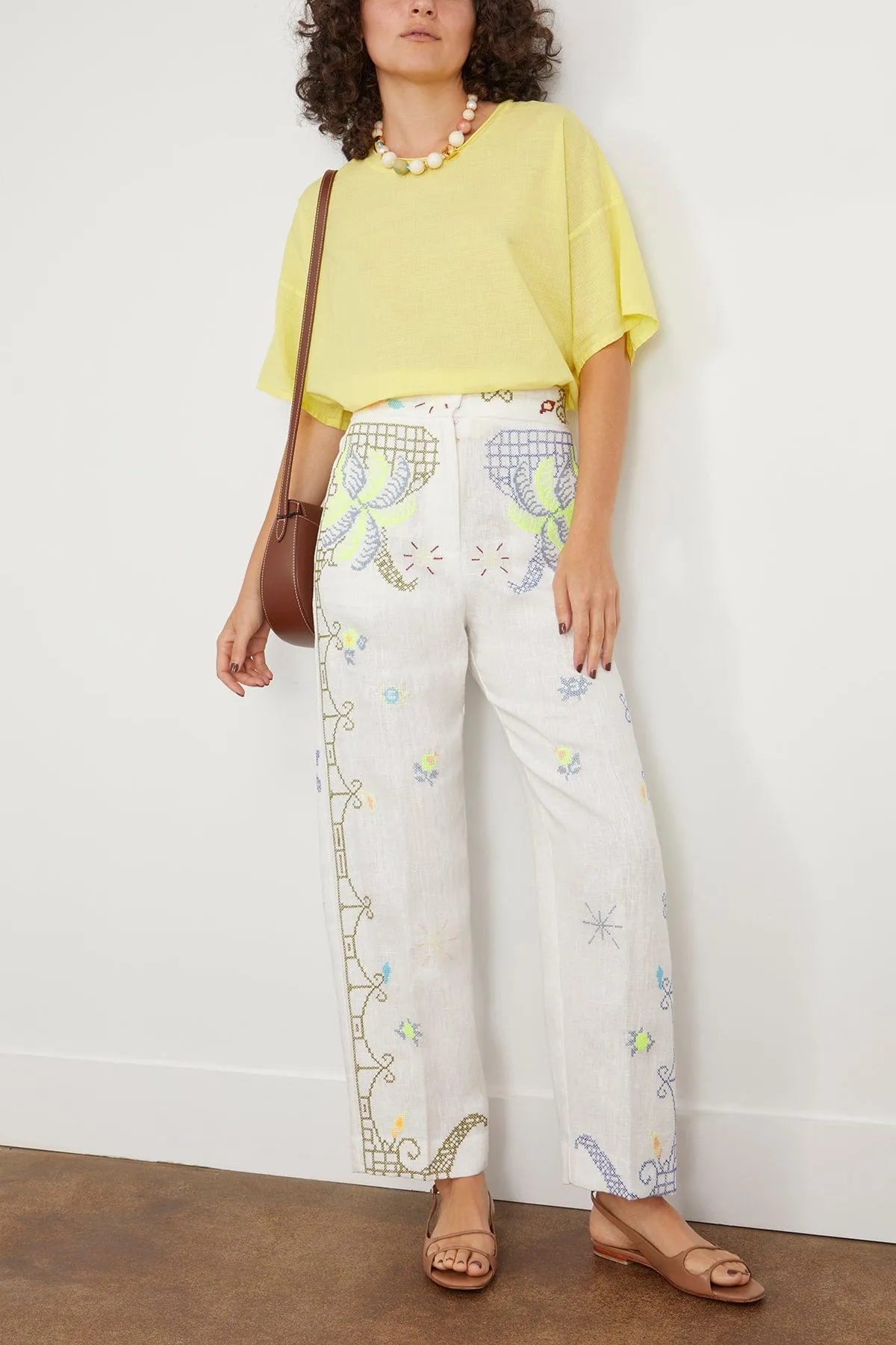 Eden Embroidery Linen Pant in Stella