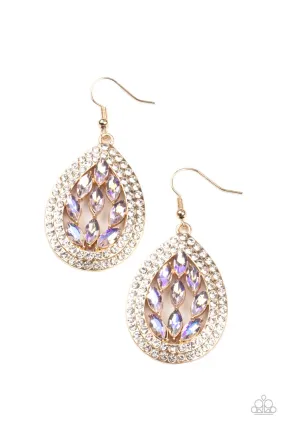 Encased Elegance Gold and Iridescent Rhinestone Earrings - Paparazzi Accessories