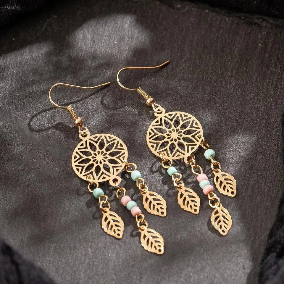 Ethnic Golden Leaf Drop Earrings