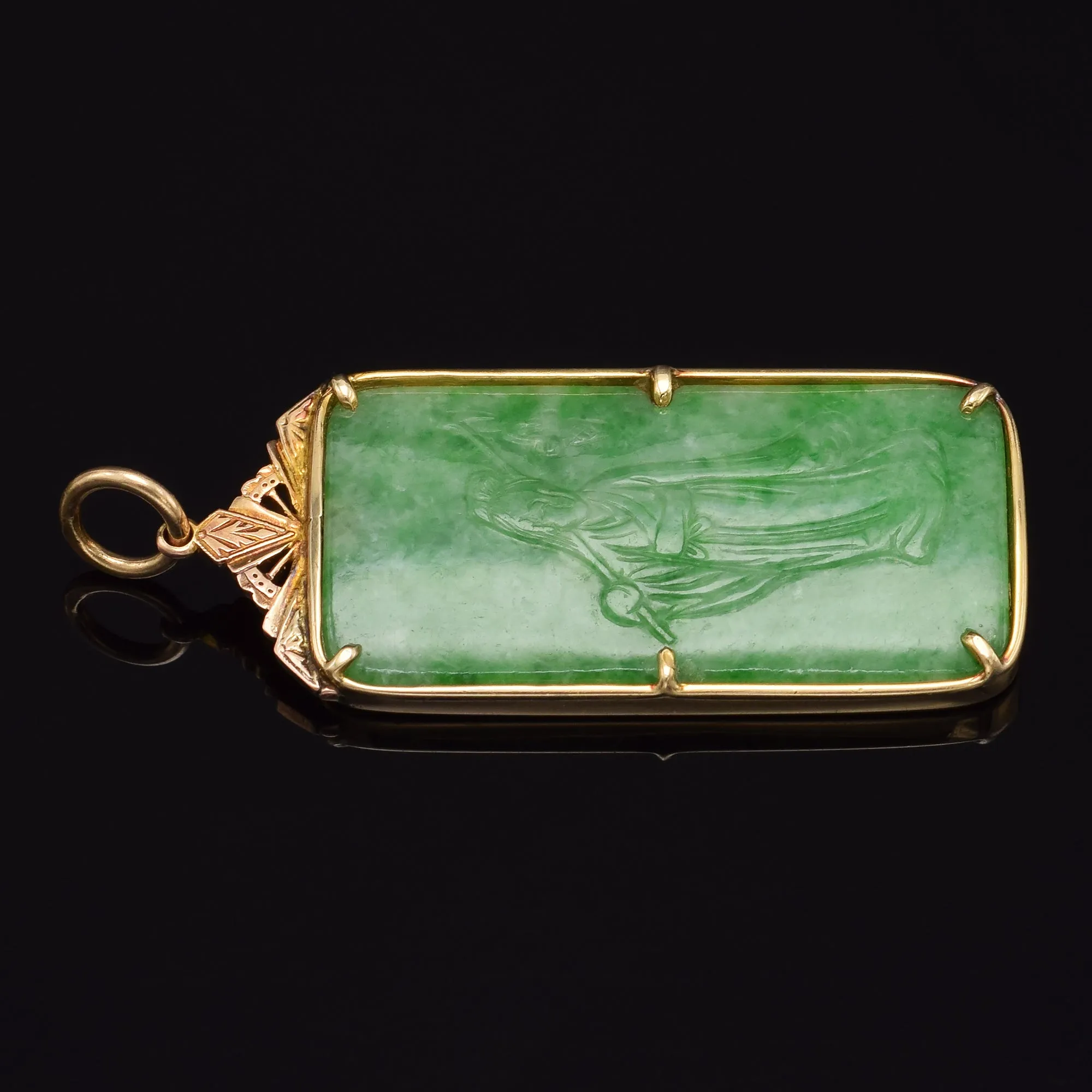 GIA Cert Antique 14K Gold Translucent Mottled Green Grade A Jadeite Jade Pendant