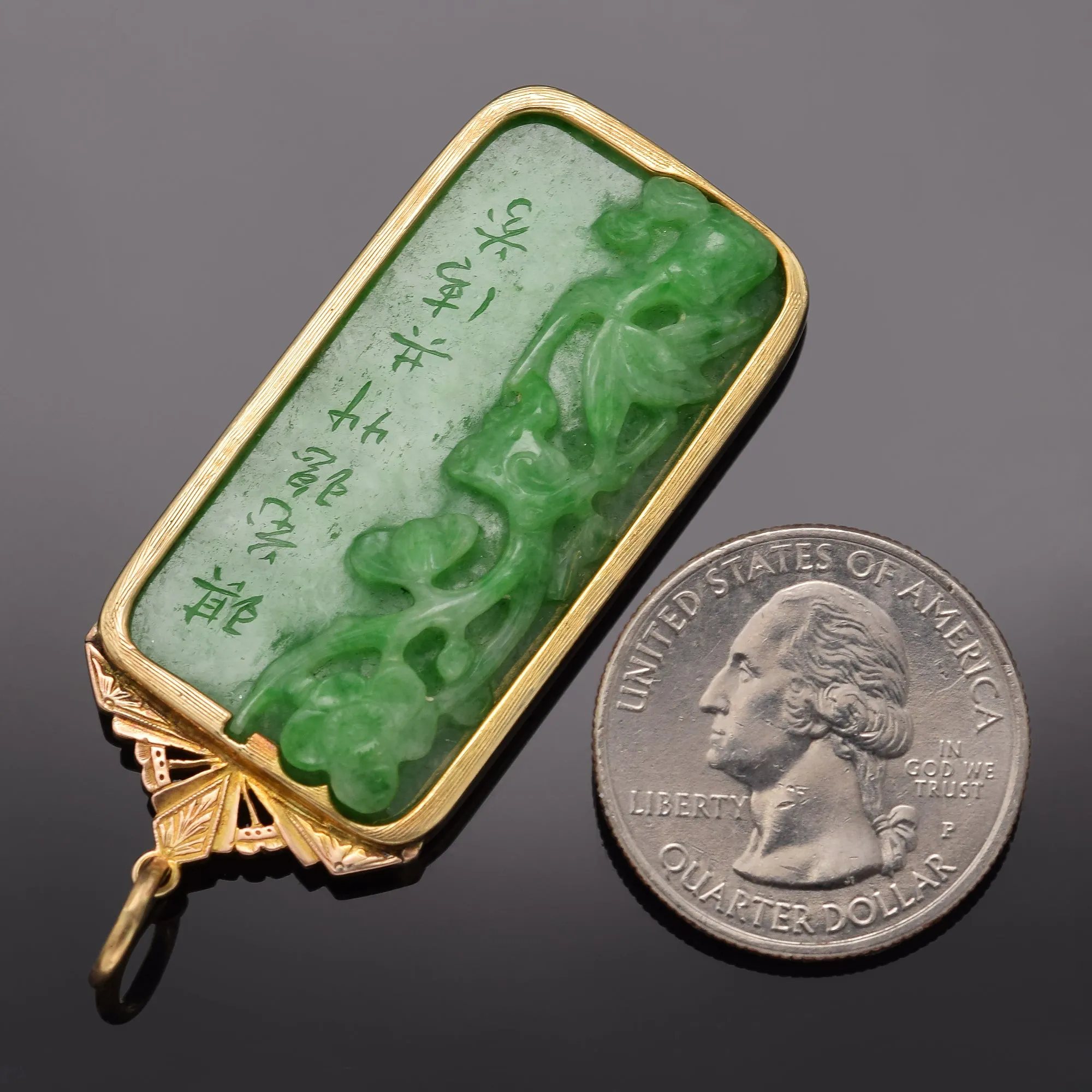 GIA Cert Antique 14K Gold Translucent Mottled Green Grade A Jadeite Jade Pendant