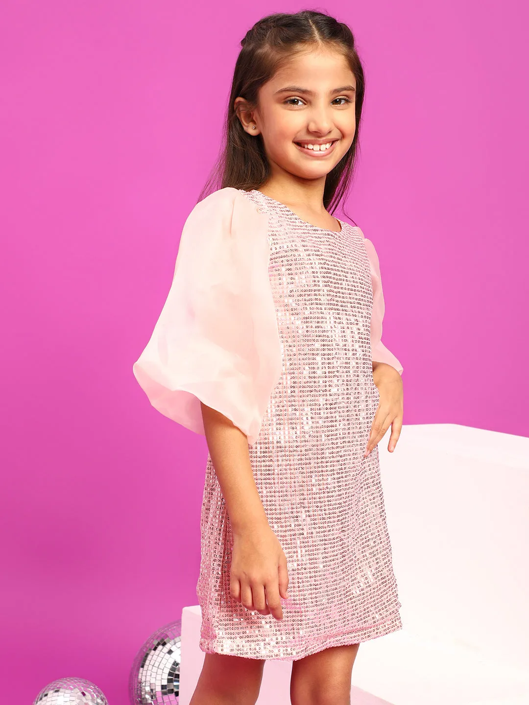 Girls Peach Polyester Regular Fit Sequins Dress