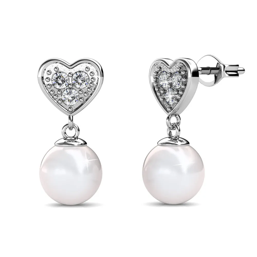 Kenley 18k White Gold Pearl Stud Earrings with Heart Shaped Swarovski Crystals