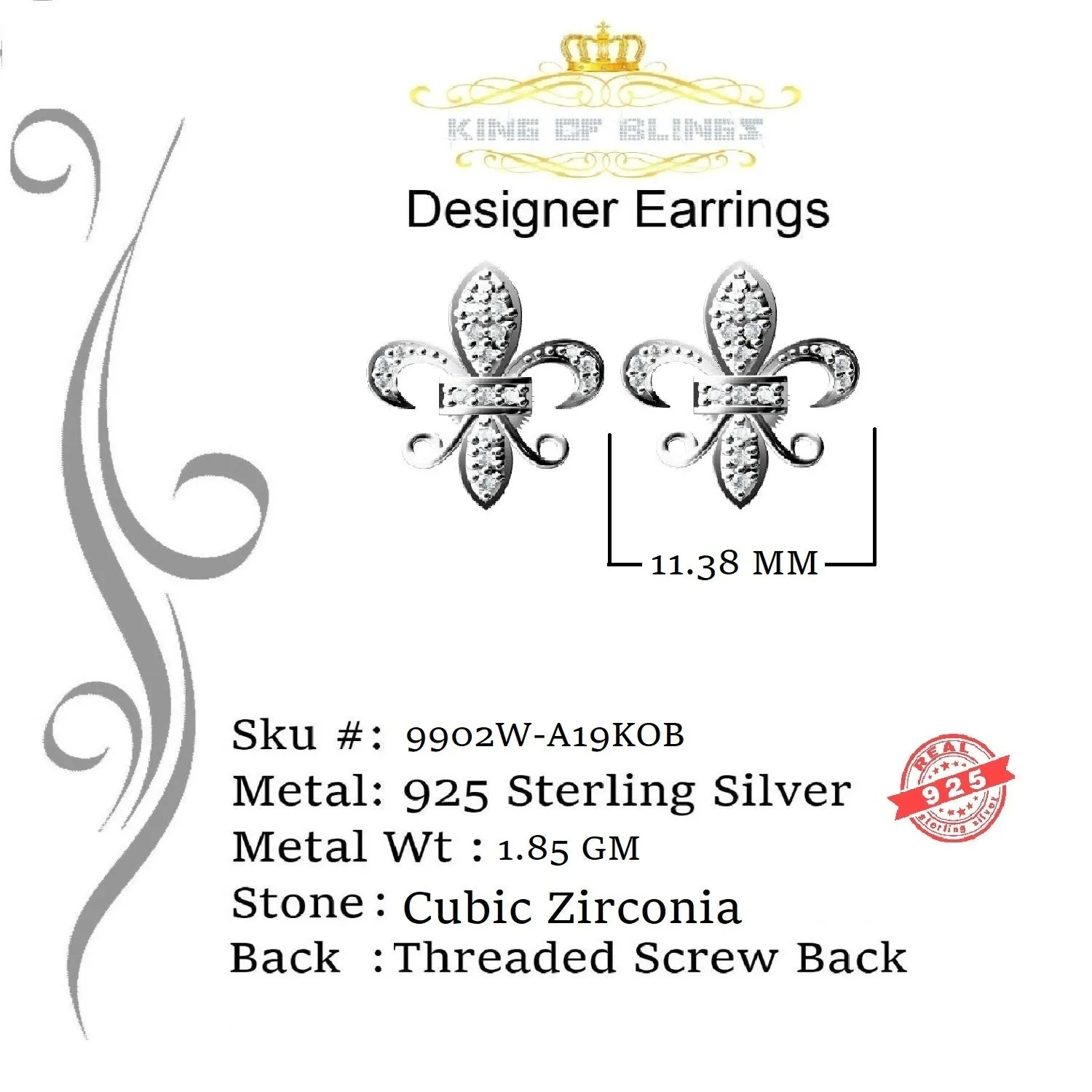 King of Blings- White 0.35ct Cubic Zirconia 925 Silver Men's & Women's Fleur de Lis Earrings