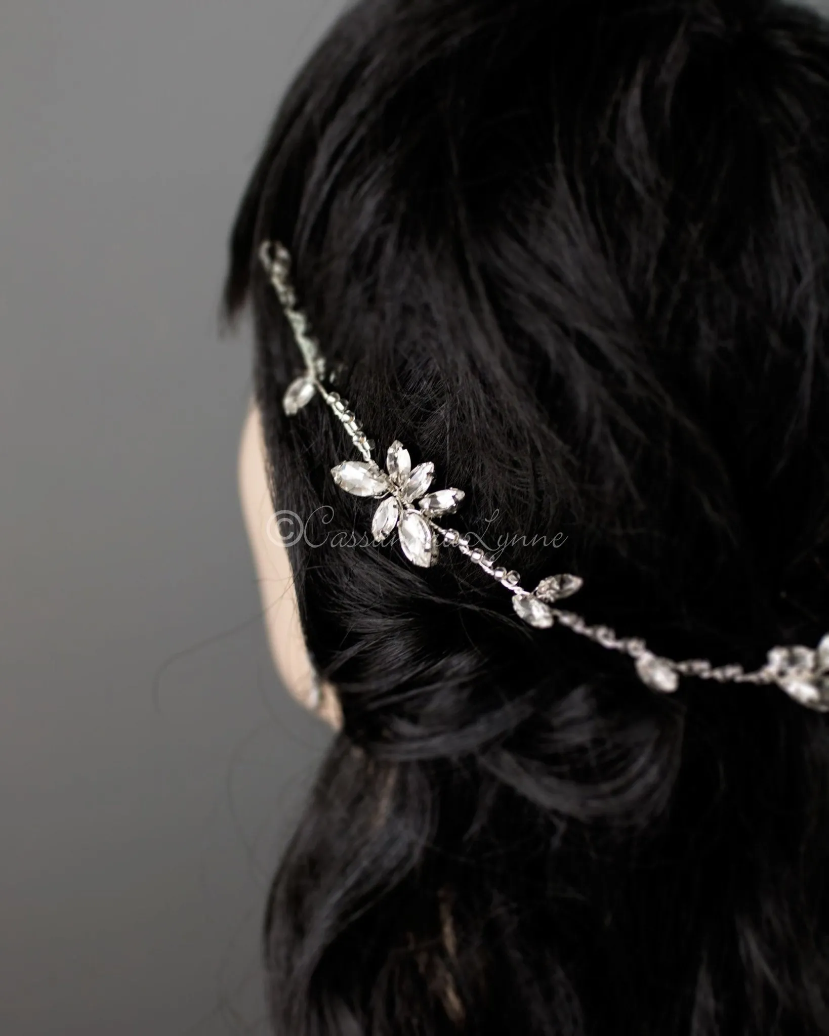 Minimalist Bridal Hair Vine of Beads and Marquise Leaves