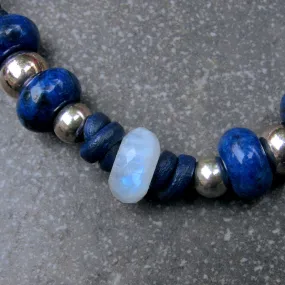 Moonstone center stone with Lapis Lazuli gemstones, and Sterling Silver leather bracelet