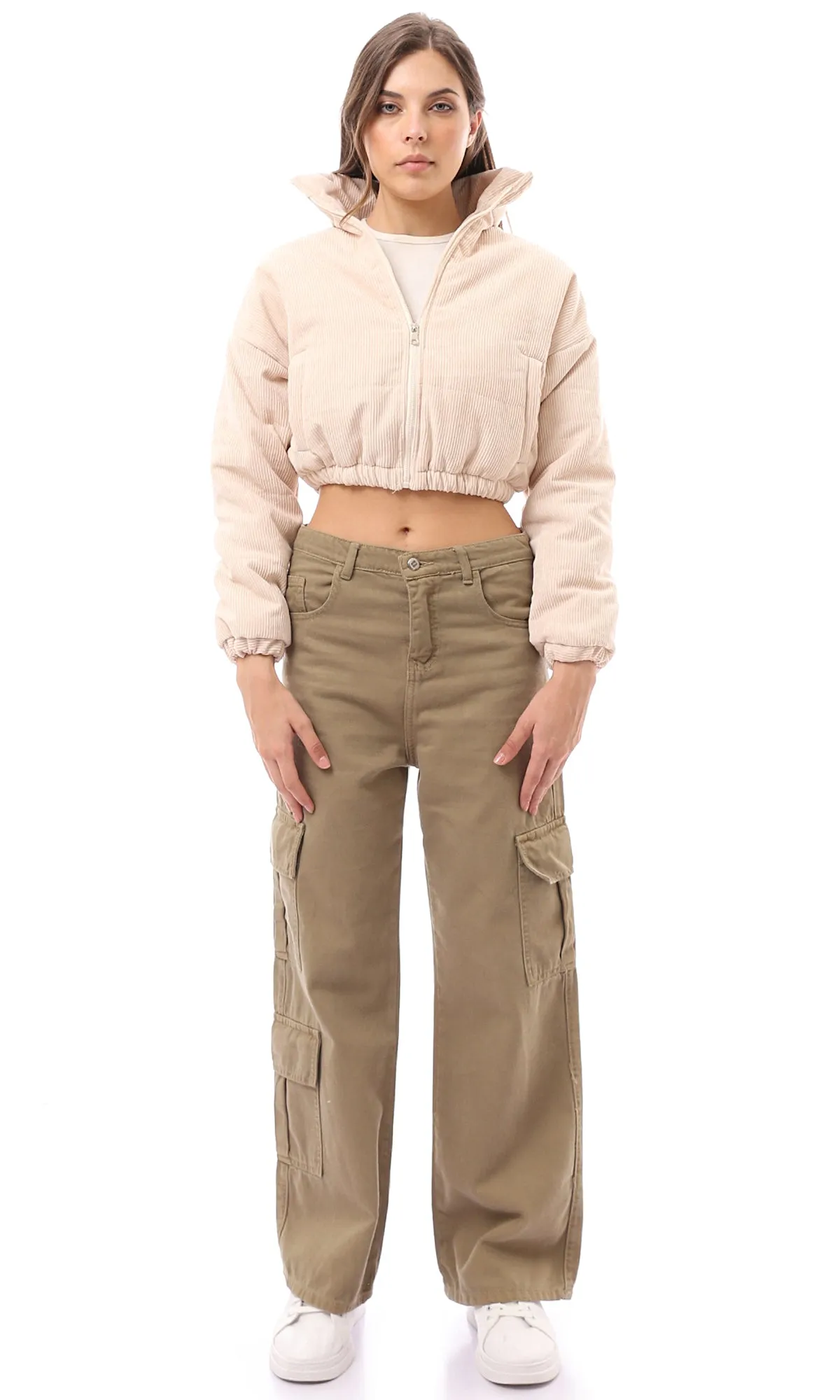 O174444 Beige Full Zipper Corduroy Cropped Jacket