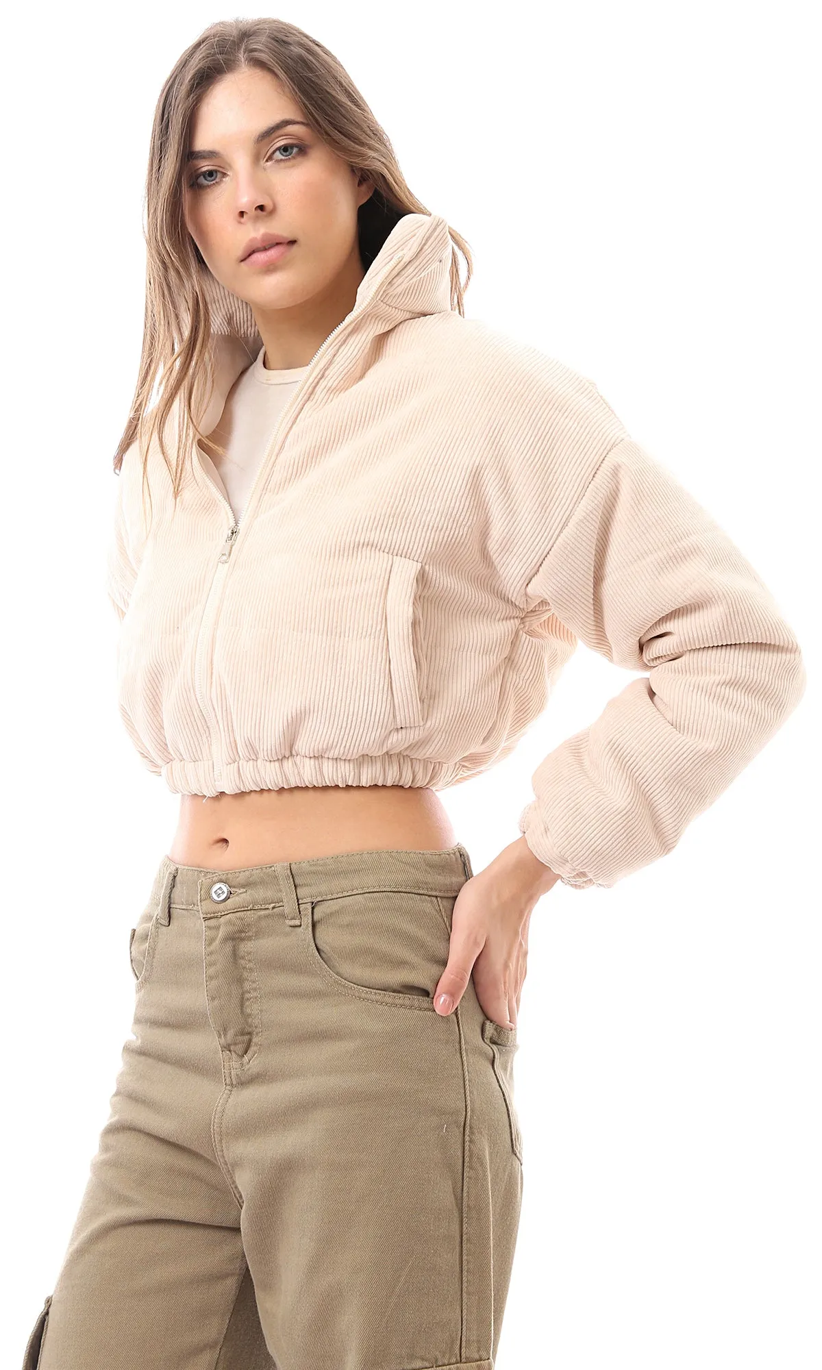 O174444 Beige Full Zipper Corduroy Cropped Jacket