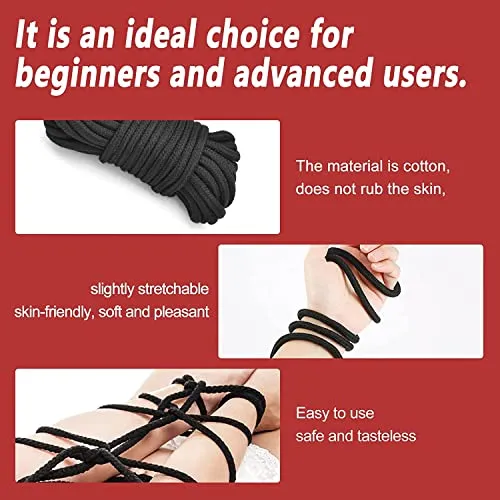 Prosixtoy Super Soft Cotton-Rope Sex Bondage Kit BDSM Beginner Set Shibari Bondage Ropes Restraint Kit Adult Sex Toys for Women Men and Couples,32 Feet 8MM(Black Red)