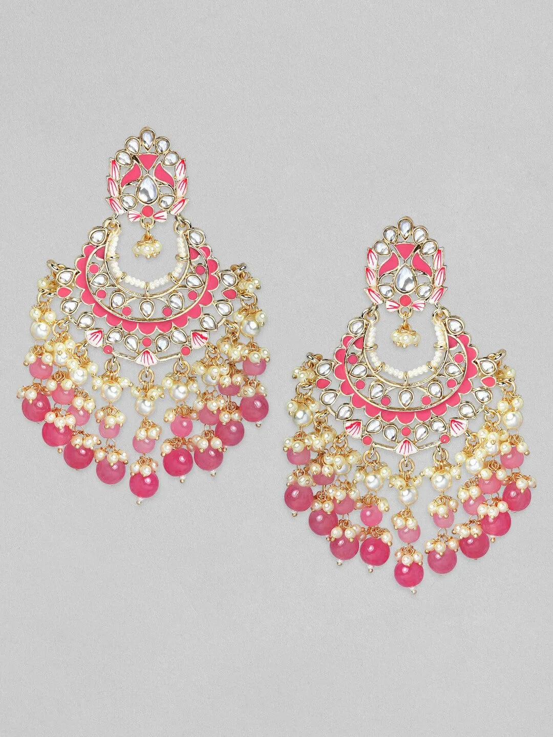 Rubans Gold Plated Handcrafted Kundan & Pink Enamelled Beads Chandbali Earrings