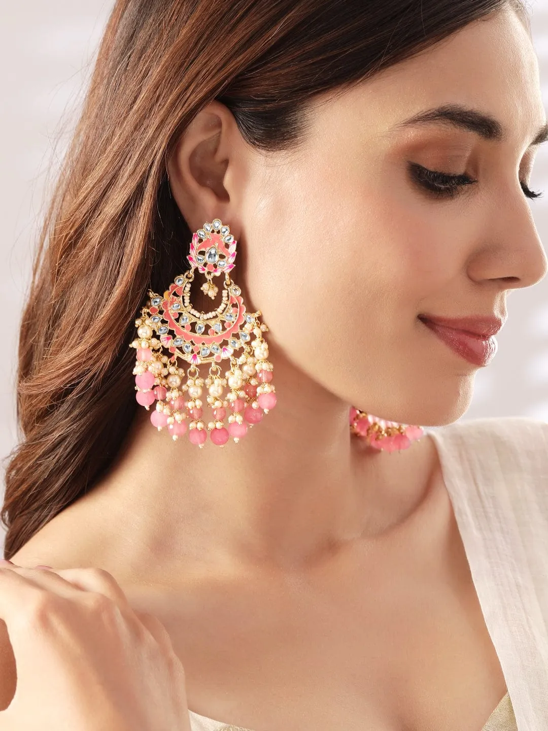 Rubans Gold Plated Handcrafted Kundan & Pink Enamelled Beads Chandbali Earrings