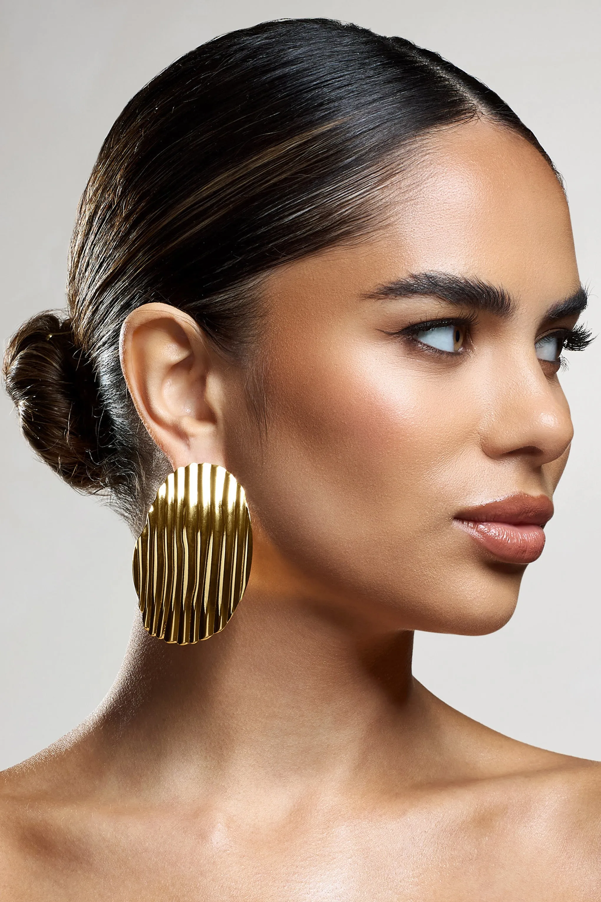 Sarla | Gold Textured Ribbed Statement Oval Earrings