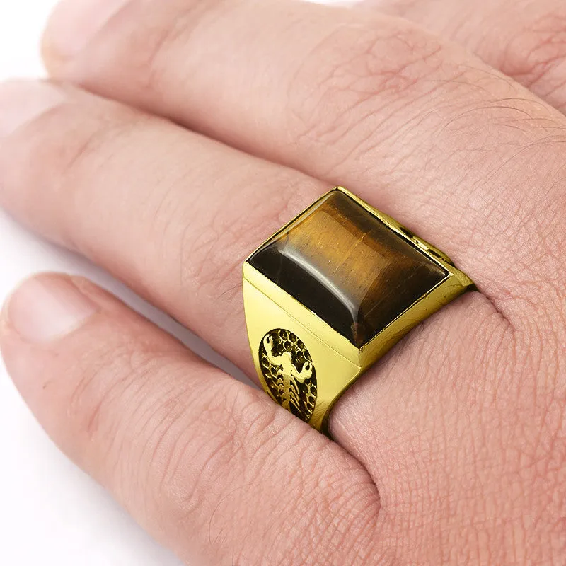 Tiger's Eye Men's Ring with Scorpion and Skull in 14k Yellow Gold