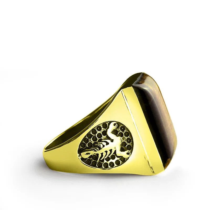 Tiger's Eye Men's Ring with Scorpion and Skull in 14k Yellow Gold