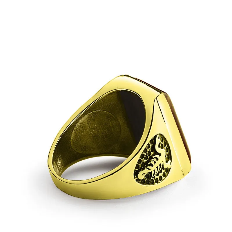 Tiger's Eye Men's Ring with Scorpion and Skull in 14k Yellow Gold