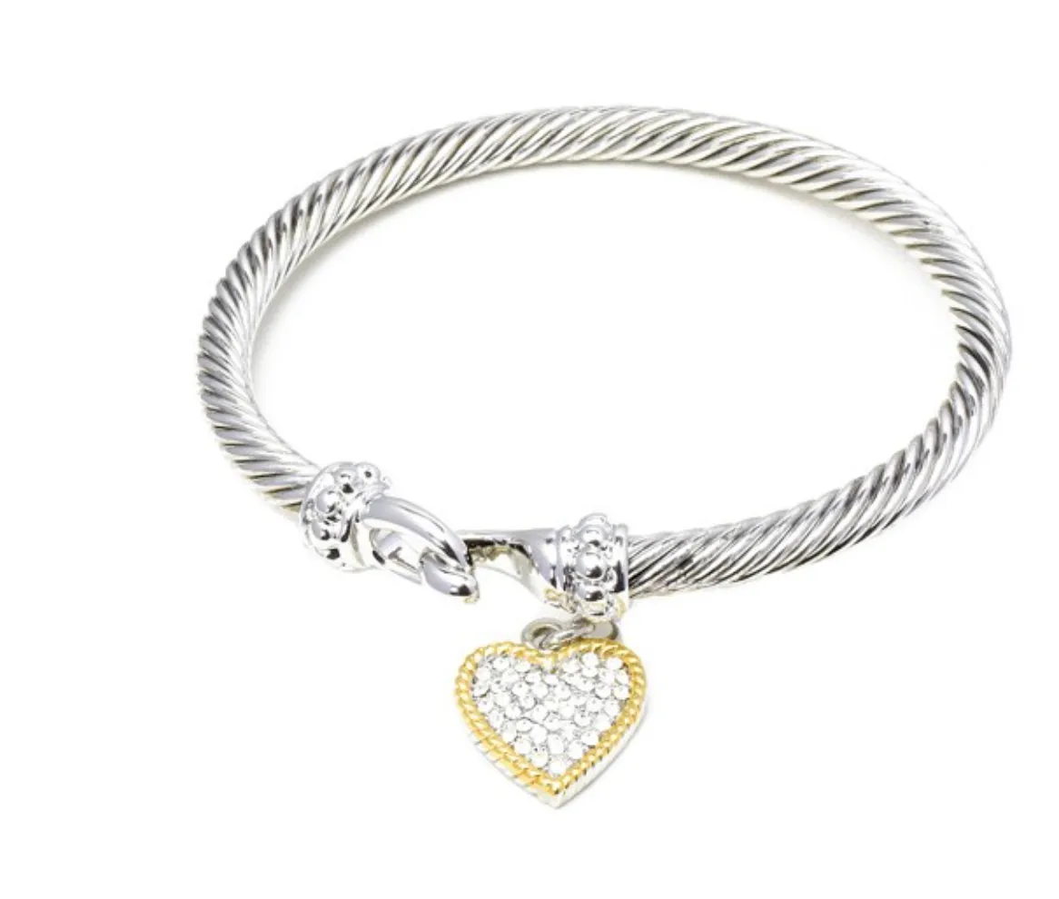 Two Tone Twisted Cable Bracelet with CZ Pave Charm (2 STYLES)