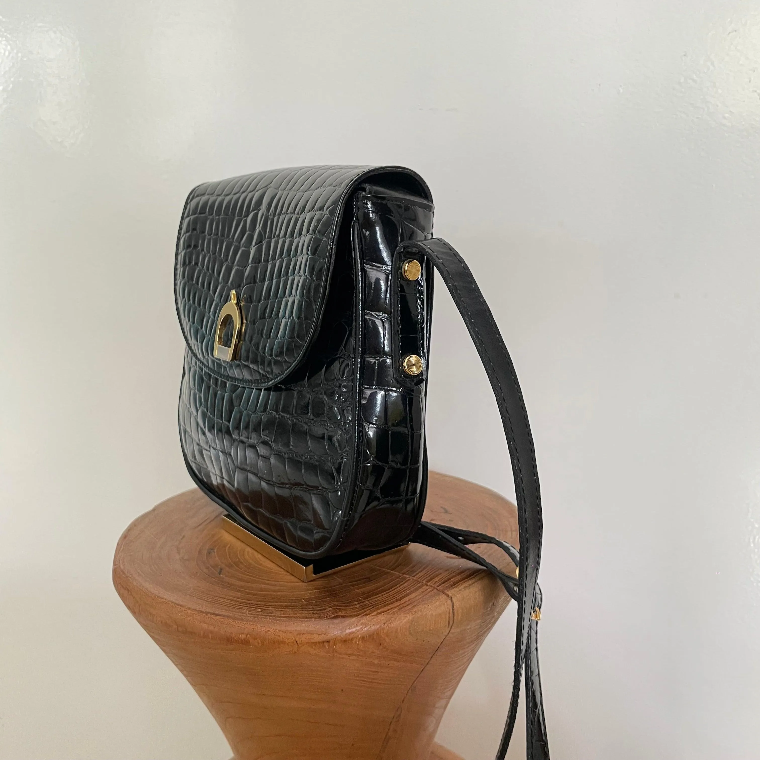 Vintage 1980s Black Patent Embossed leather bag from Italy