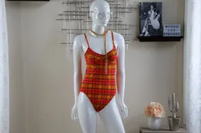 Vintage Orange Plaid Swimsuit (Size 10)